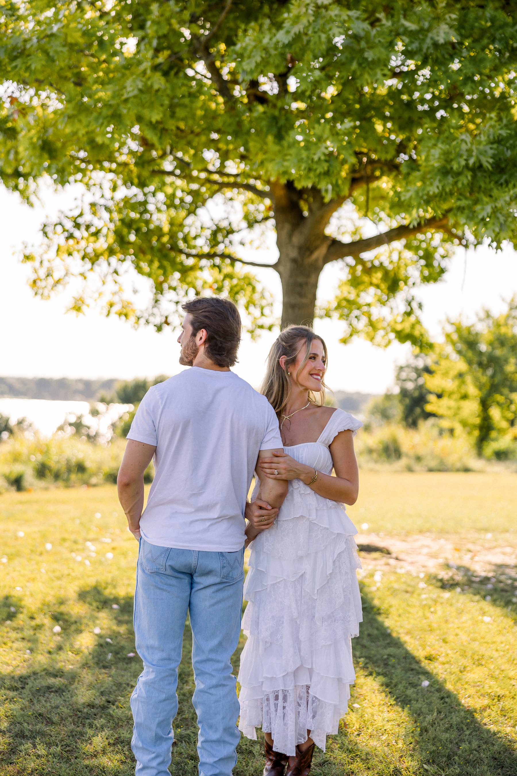 Walking together through a field